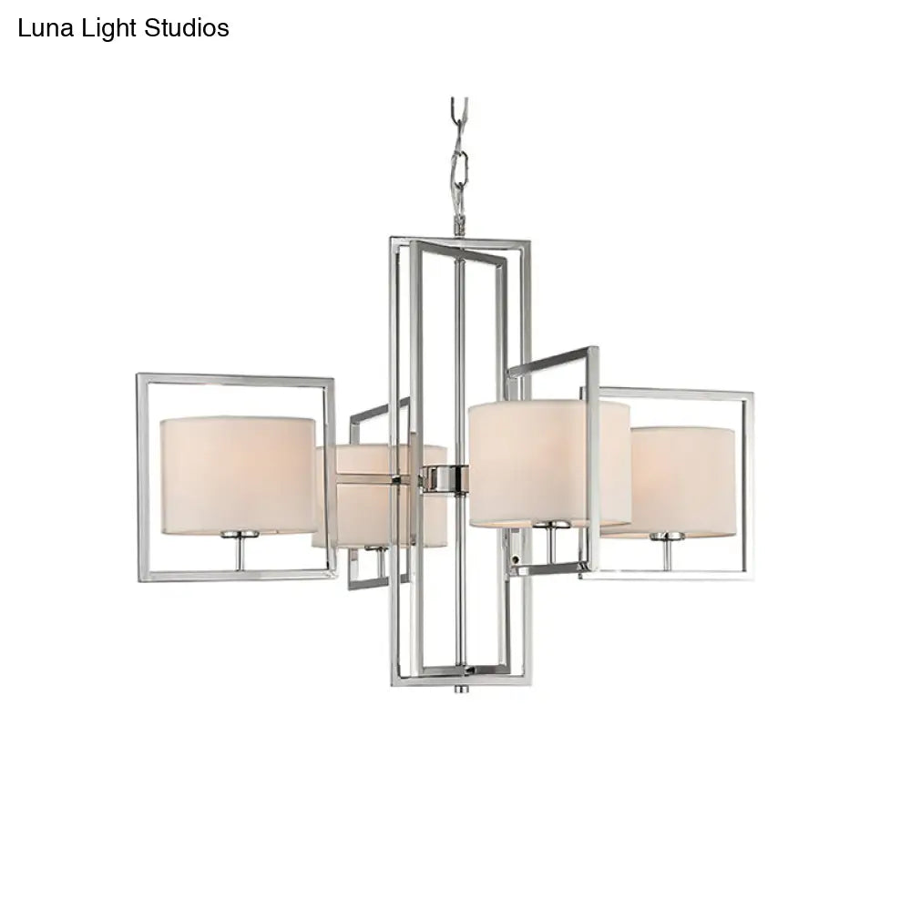 Modern Chrome 4-Light Living Room Chandelier Pendant Lamp With Barrel Fabric Shade