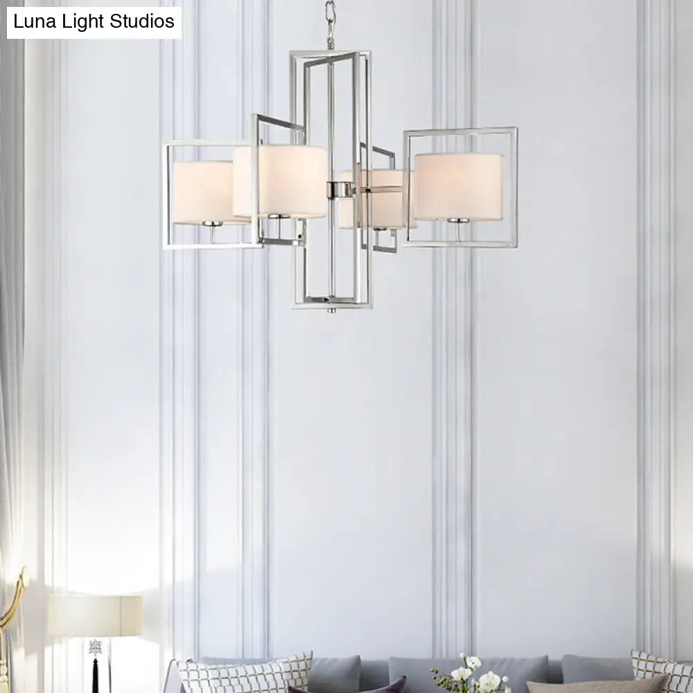 Modern Chrome Chandelier With Barrel Fabric Shade - 4-Light Pendant For Living Room