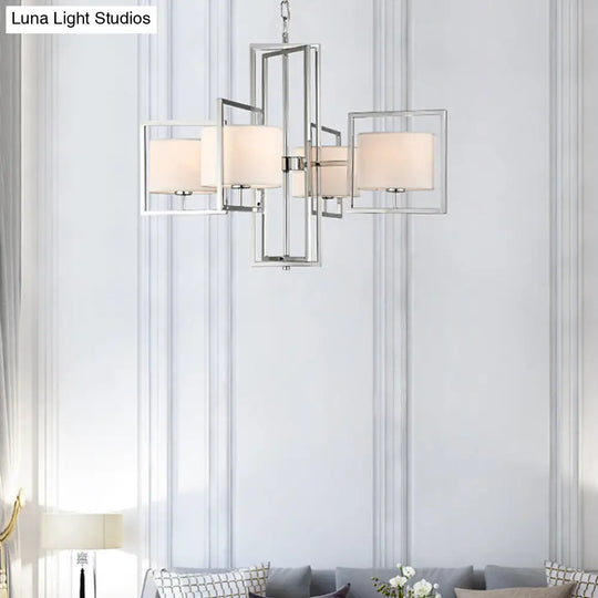 Modern Chrome Chandelier With Barrel Fabric Shade - 4-Light Pendant For Living Room