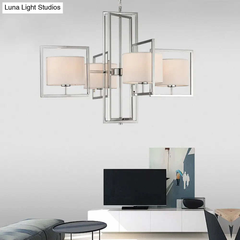 Modern Chrome 4-Light Living Room Chandelier Pendant Lamp With Barrel Fabric Shade