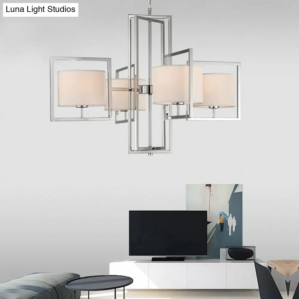 Modern Chrome Chandelier With Barrel Fabric Shade - 4-Light Pendant For Living Room