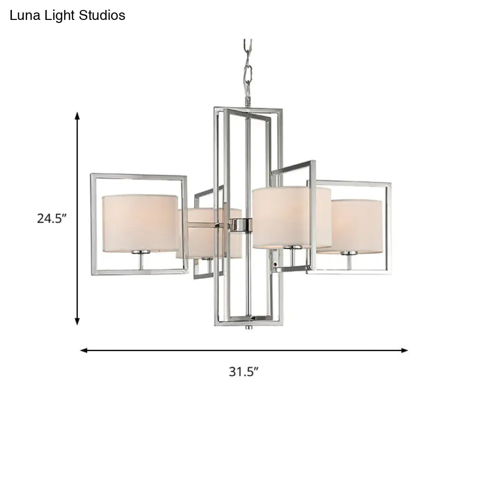 Modern Chrome Chandelier With Barrel Fabric Shade - 4-Light Pendant For Living Room