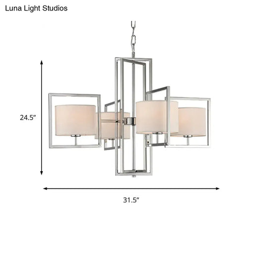 Modern Chrome Chandelier With Barrel Fabric Shade - 4-Light Pendant For Living Room