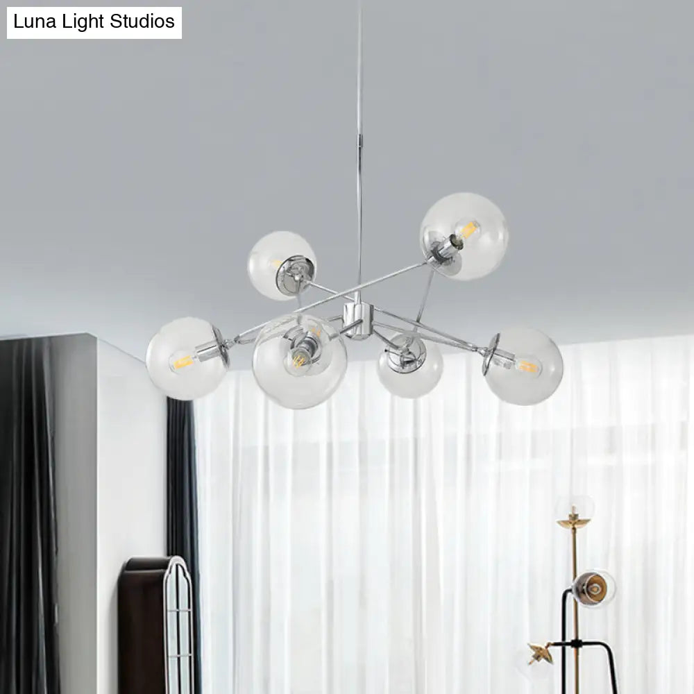 Modern Chrome 6-Light Bedroom Chandelier With Clear Glass Orb Shades