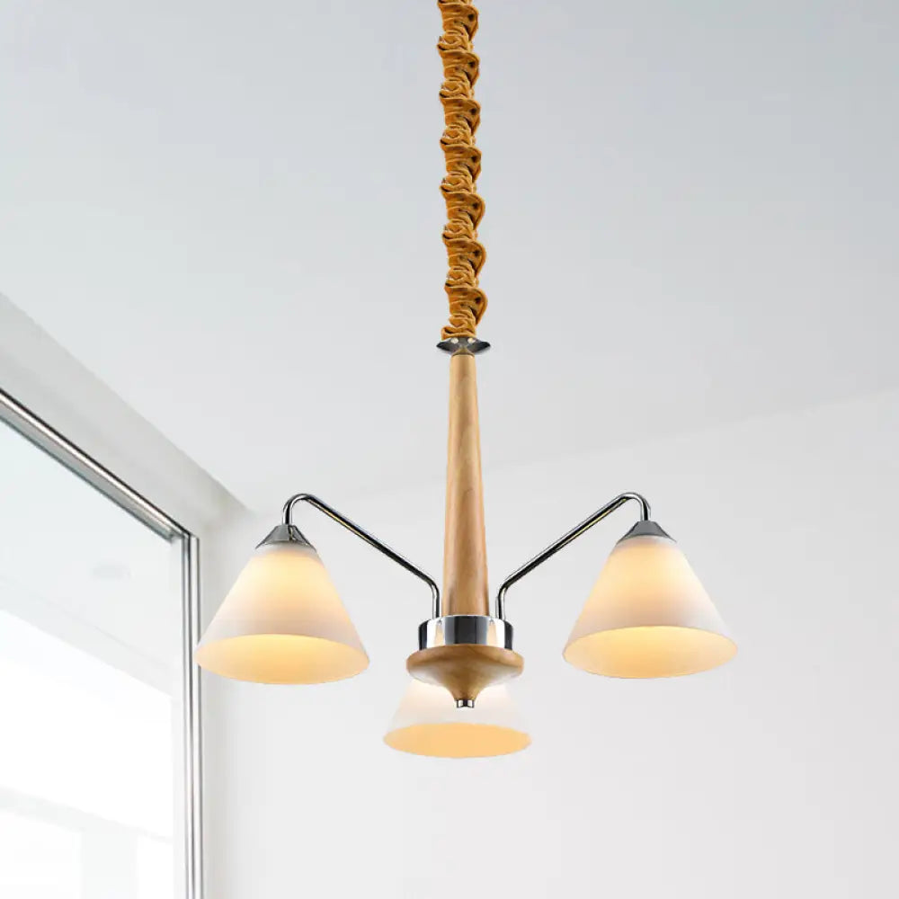Modern Chrome And Wood Conical Chandelier With Frosted Glass - 3/5 Lights 3 /