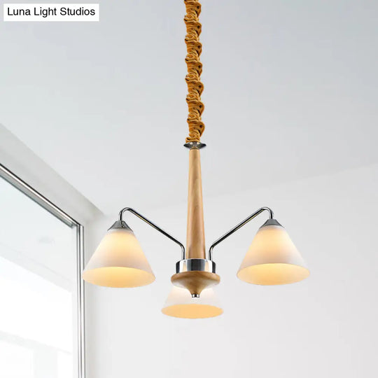 Modern Chrome & Wood Conical Chandelier - 3/5 Lights Frosted Glass Ceiling Lamp 3 /