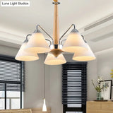 Modern Chrome And Wood Conical Chandelier With Frosted Glass - 3/5 Lights