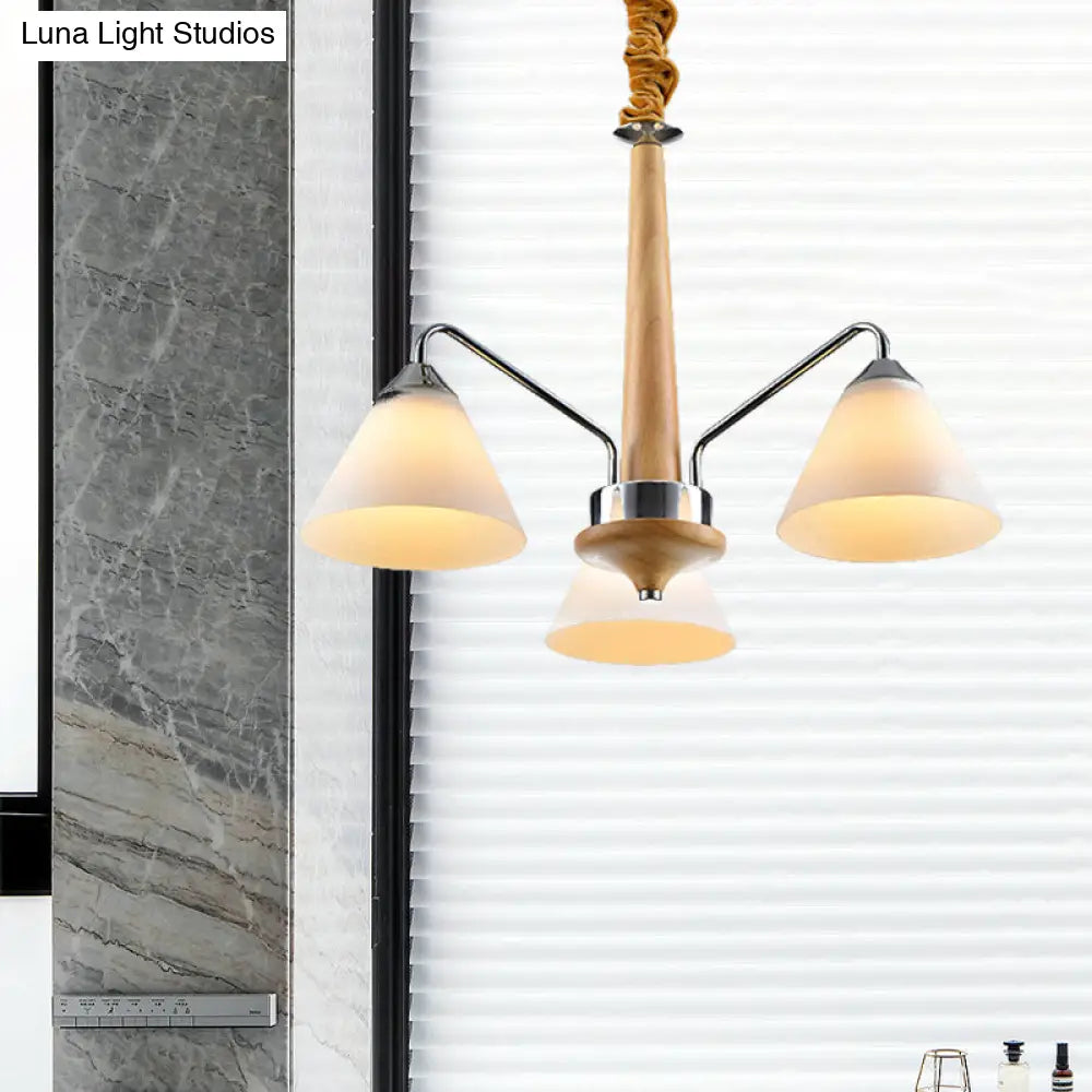 Modern Chrome And Wood Conical Chandelier With Frosted Glass - 3/5 Lights