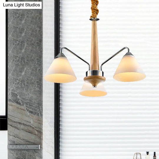 Modern Chrome And Wood Conical Chandelier With Frosted Glass - 3/5 Lights