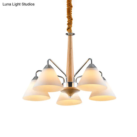 Modern Chrome And Wood Conical Chandelier With Frosted Glass - 3/5 Lights