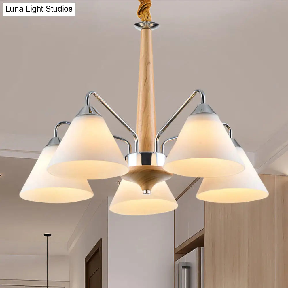 Modern Chrome & Wood Conical Chandelier - 3/5 Lights Frosted Glass Ceiling Lamp 5 /