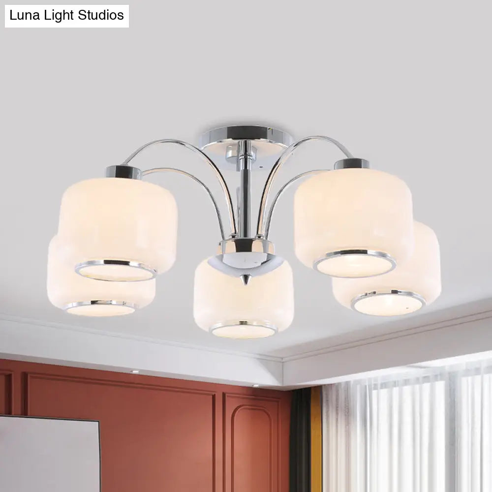 Modern Chrome Arched Semi Flush Light With 5 Metal Heads And Opal Glass Shade