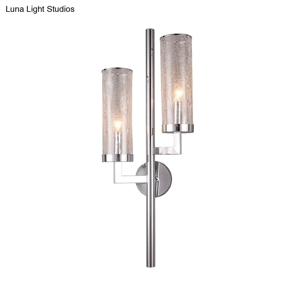 Modern Chrome Armed Wall Lamp With Crackle Glass Shade - 2 Bulb Metal Sconce Light Fixture