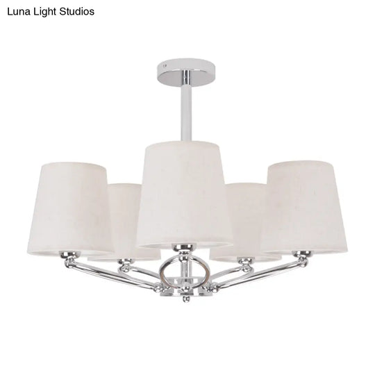 Modern Chrome Barrel Chandelier With 5 Fabric Pendant Lights - Bedroom Lighting Kit