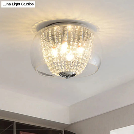 Modern Chrome Ceiling Lamp With Clear Crystal Beaded Strand And 4 Bulbs - Flush Mount Light