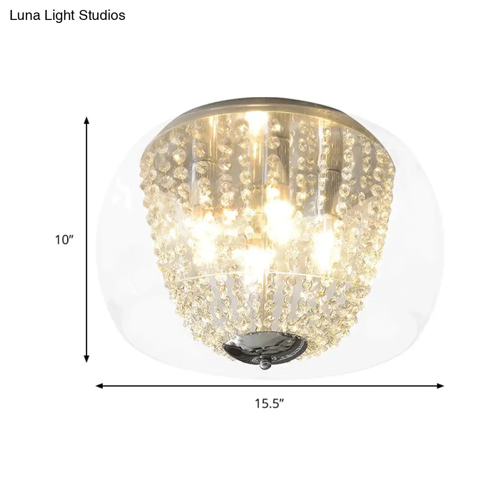 Modern Chrome Ceiling Lamp With Clear Crystal Beaded Strand And 4 Bulbs - Flush Mount Light