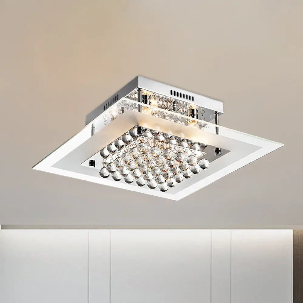 Modern Chrome Ceiling Light Fixture | 5-Head Semi Mount Clear Crystal Orbs Square Design