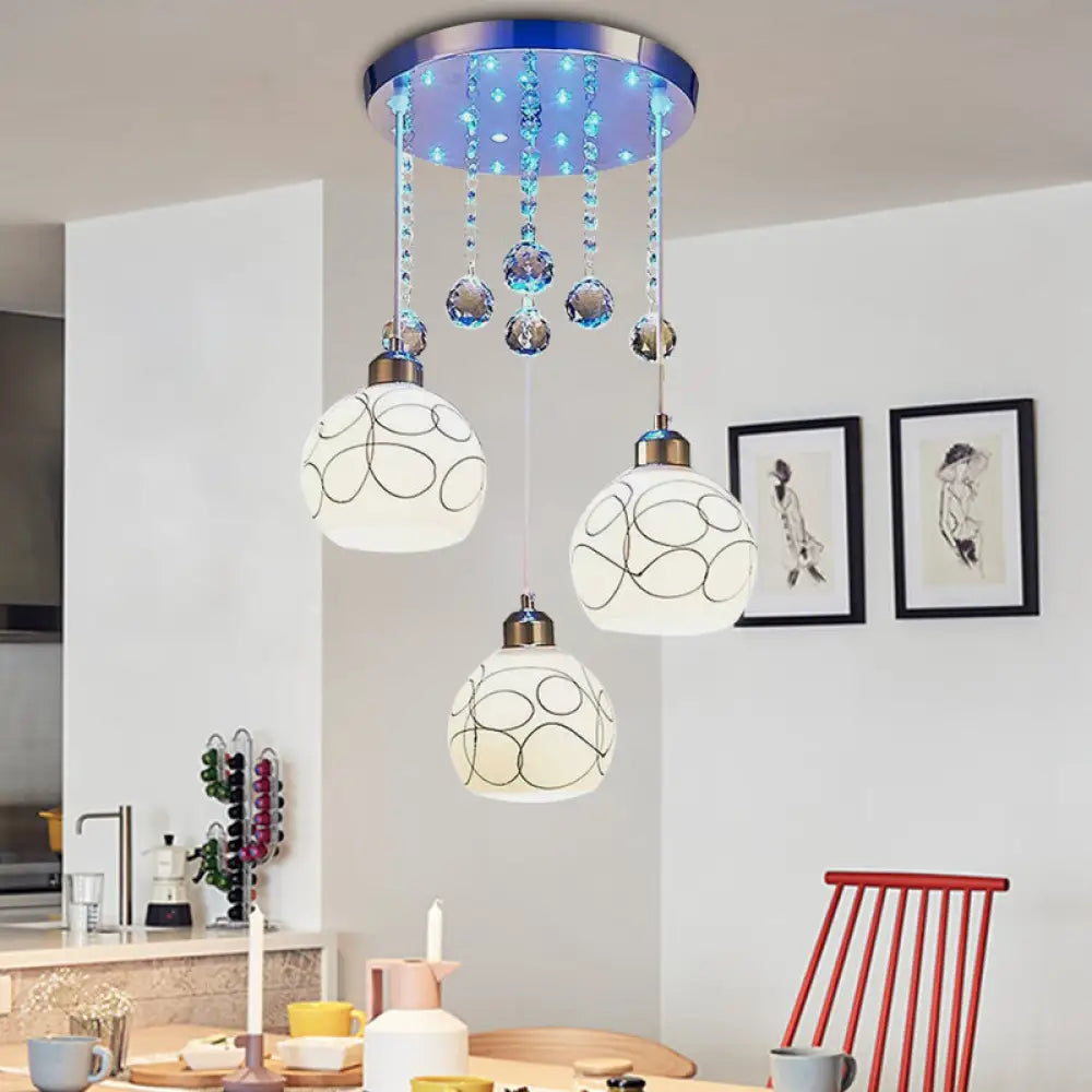 Modern Chrome Ceiling Light With White Glass Shades And Crystal Drops - Perfect For Dining Rooms