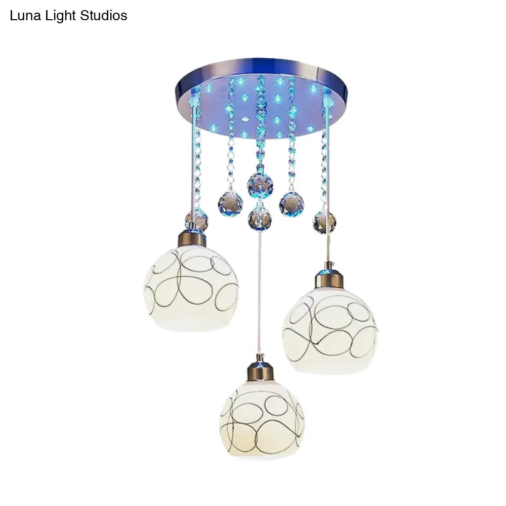 Modern Chrome Ceiling Light With White Glass Shades And Crystal Drops - Perfect For Dining Rooms