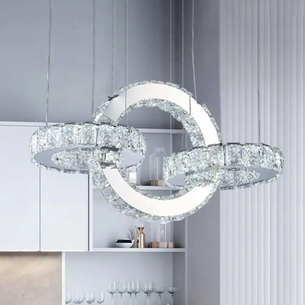 Modern Chrome Crystal Block Ring Chandelier Pendant With Led Down Lighting