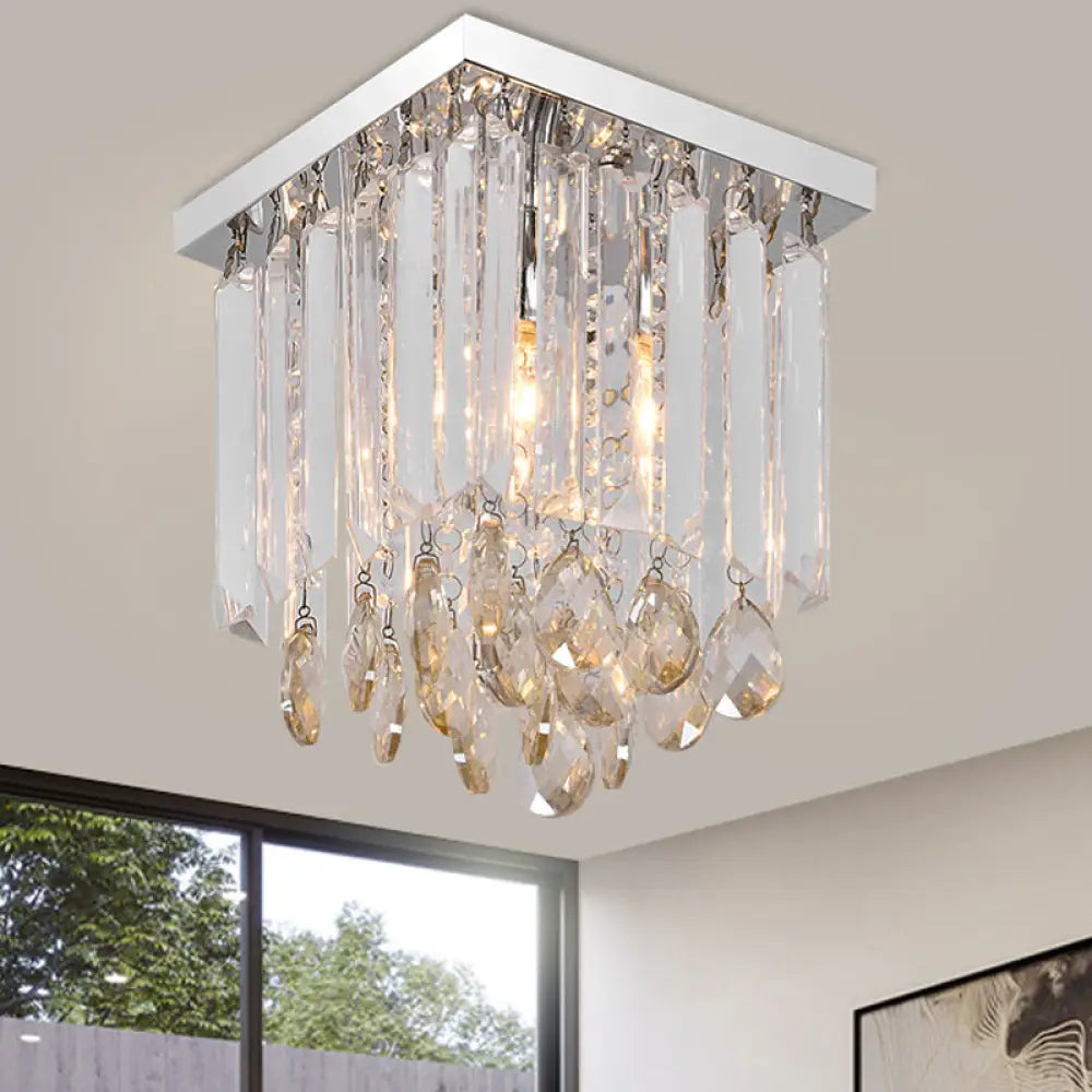 Modern Chrome Crystal Drop Bedroom Ceiling Light - Square Mount 8’/12’ Wide / 8’