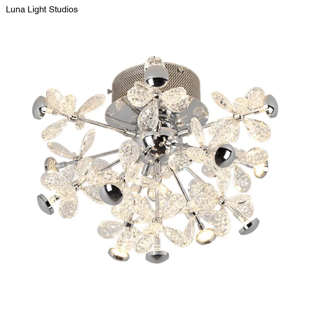 Modern Chrome Crystal Floral Led Ceiling Light - Semi Flush Mount Fixture