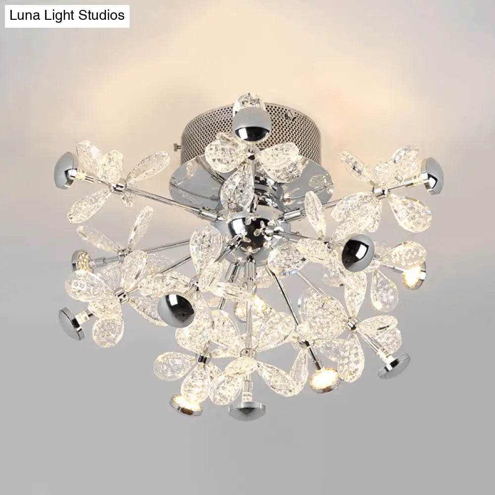 Modern Chrome Crystal Floral Led Ceiling Light - Semi Flush Mount Fixture