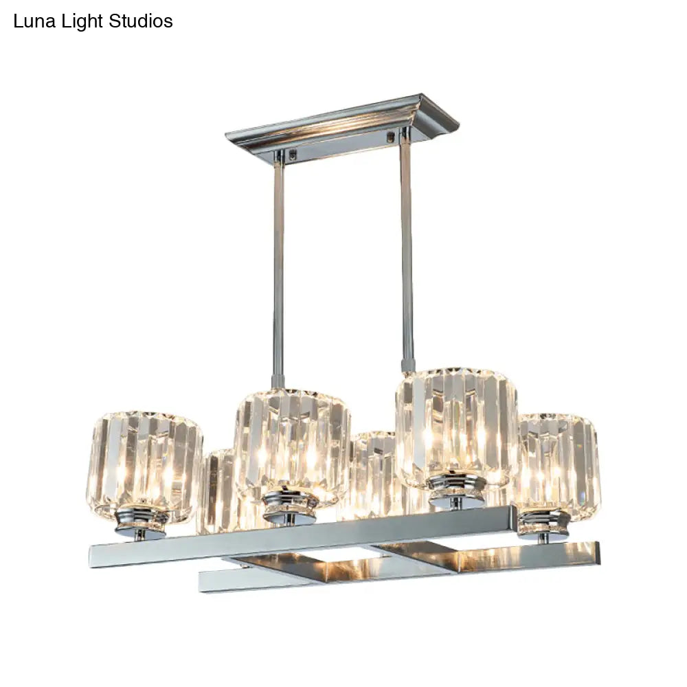 Modern Chrome Crystal Island Light With 6 Cylinder Heads - Perfect For Dining Tables