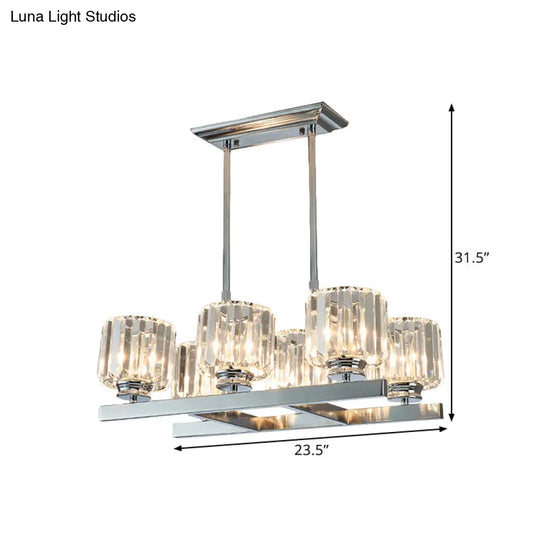 Modern Chrome Crystal Island Light With 6 Cylinder Heads - Perfect For Dining Tables