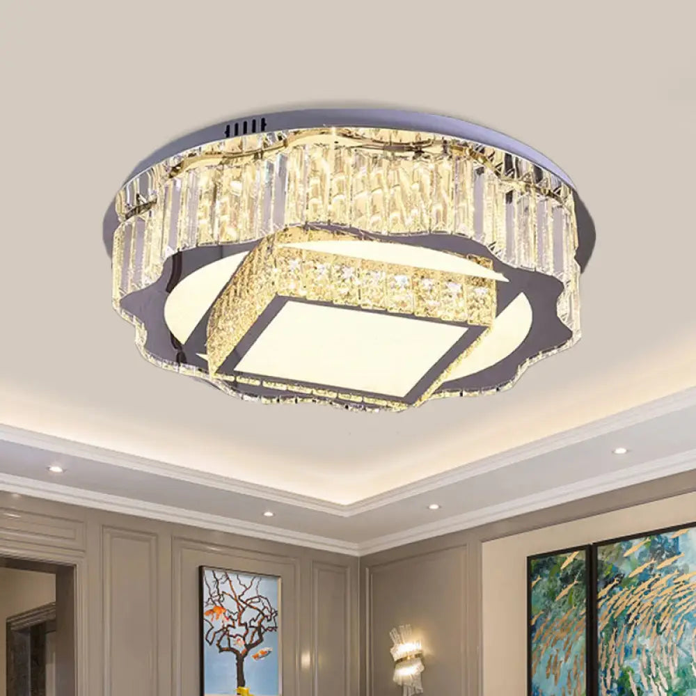 Modern Chrome Crystal Led Flushmount Ceiling Light - Flower And Square Design For Hotels