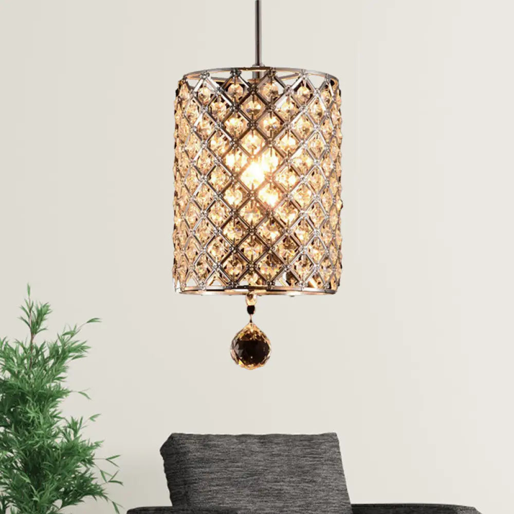 Modern Chrome Crystal Pendant Light For Restaurant Ceiling - Single Bulb Fixture