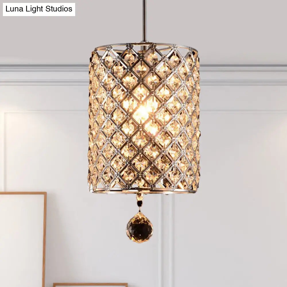 Modern Chrome Crystal Cylinder Pendant Light Fixture For Restaurant