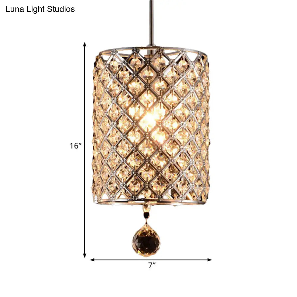 Modern Chrome Crystal Cylinder Pendant Light Fixture For Restaurant