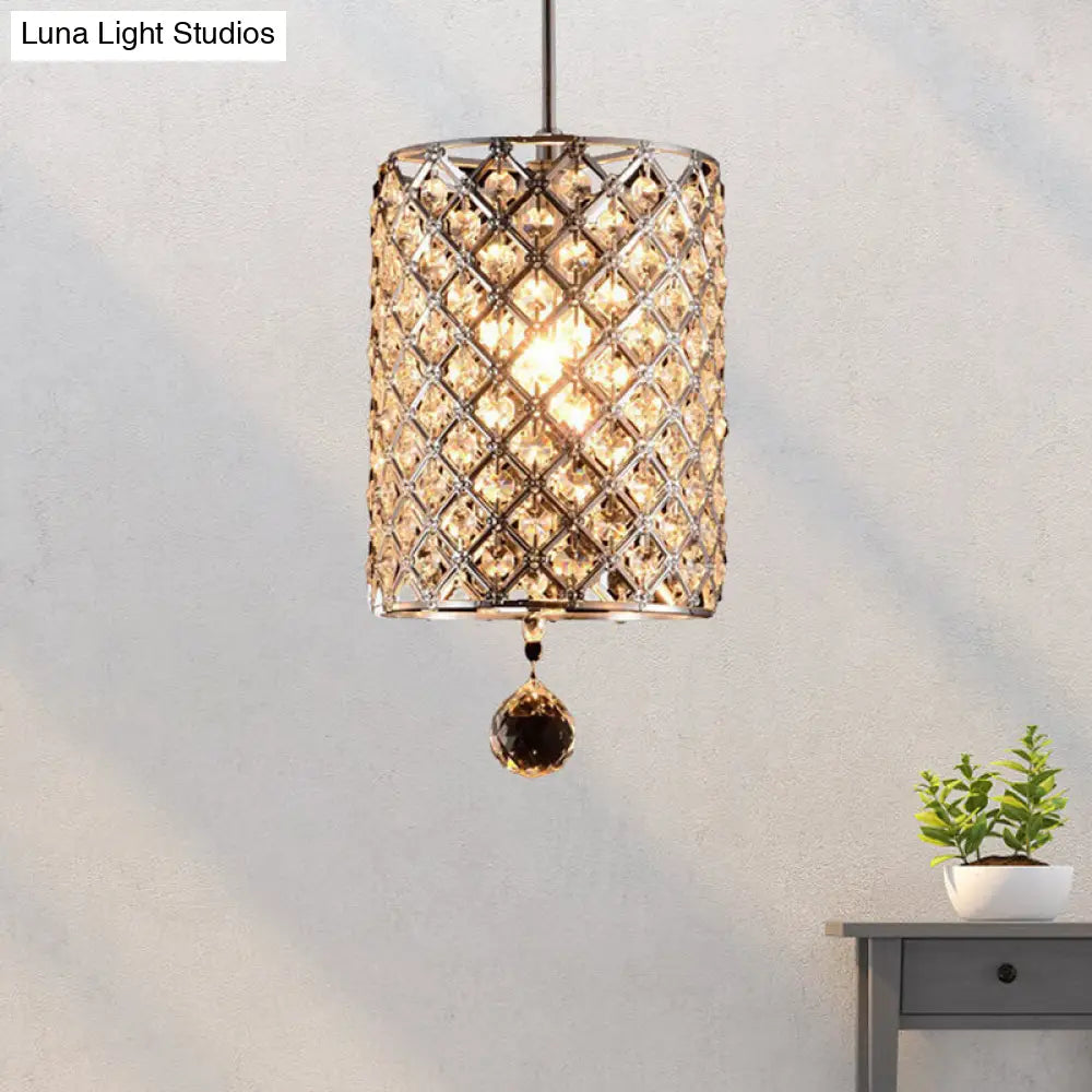 Modern Chrome Crystal Cylinder Pendant Light Fixture For Restaurant