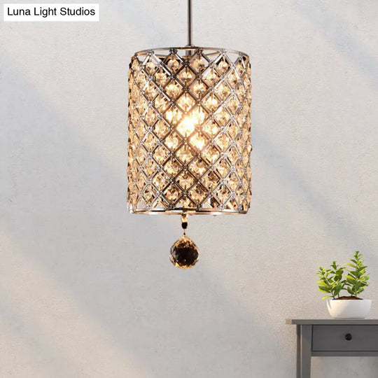 Modern Chrome Crystal Cylinder Pendant Light Fixture For Restaurant