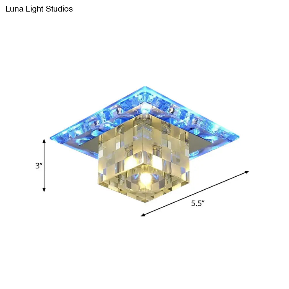 Modern Chrome Cube Ceiling Light With Faceted Crystal Shade And Led Flush Mount