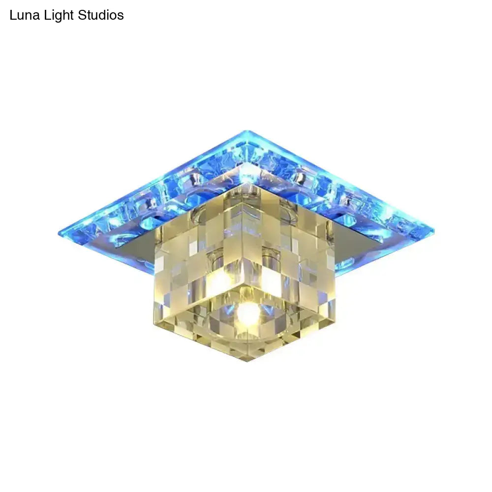 Modern Chrome Cube Ceiling Light With Faceted Crystal Shade And Led Flush Mount