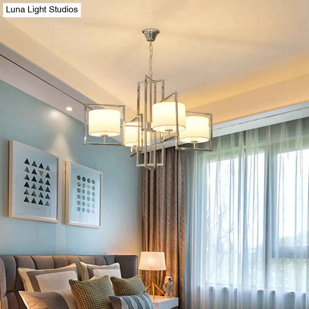 Modern Chrome Bedroom Chandelier With Cylinder Fabric Shade - 4 Lights Ceiling Hanging Light