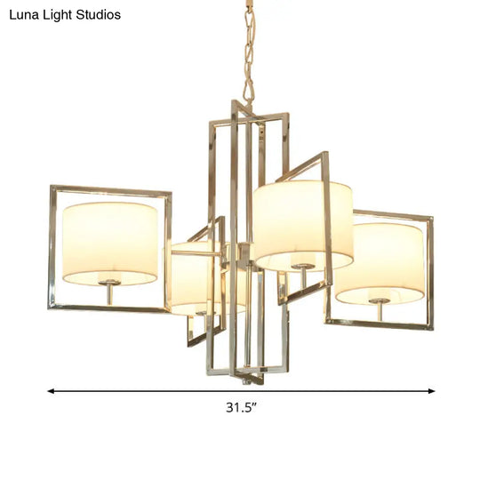 Modern Chrome Bedroom Chandelier With Cylinder Fabric Shade - 4 Lights Ceiling Hanging Light