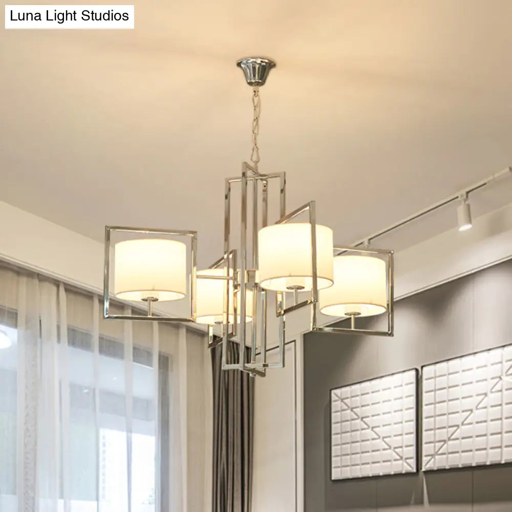 Modern Chrome Cylinder Fabric Shade Chandelier - 4-Light Bedroom Ceiling Light