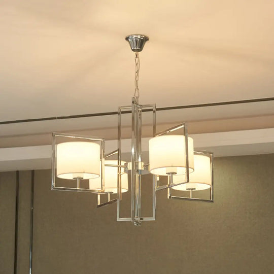 Modern Chrome Cylinder Fabric Shade Chandelier - 4-Light Bedroom Ceiling Light