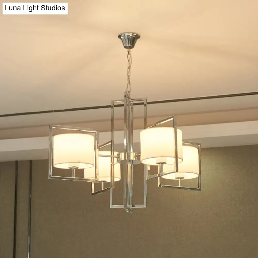 Modern Chrome Bedroom Chandelier With Cylinder Fabric Shade - 4 Lights Ceiling Hanging Light