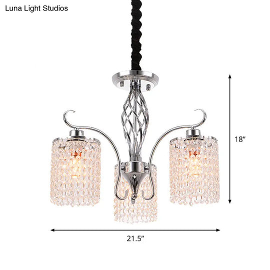 Chrome Crystal Pendant Light With 3/5-Head Modern Cylindrical Chandelier Lamp