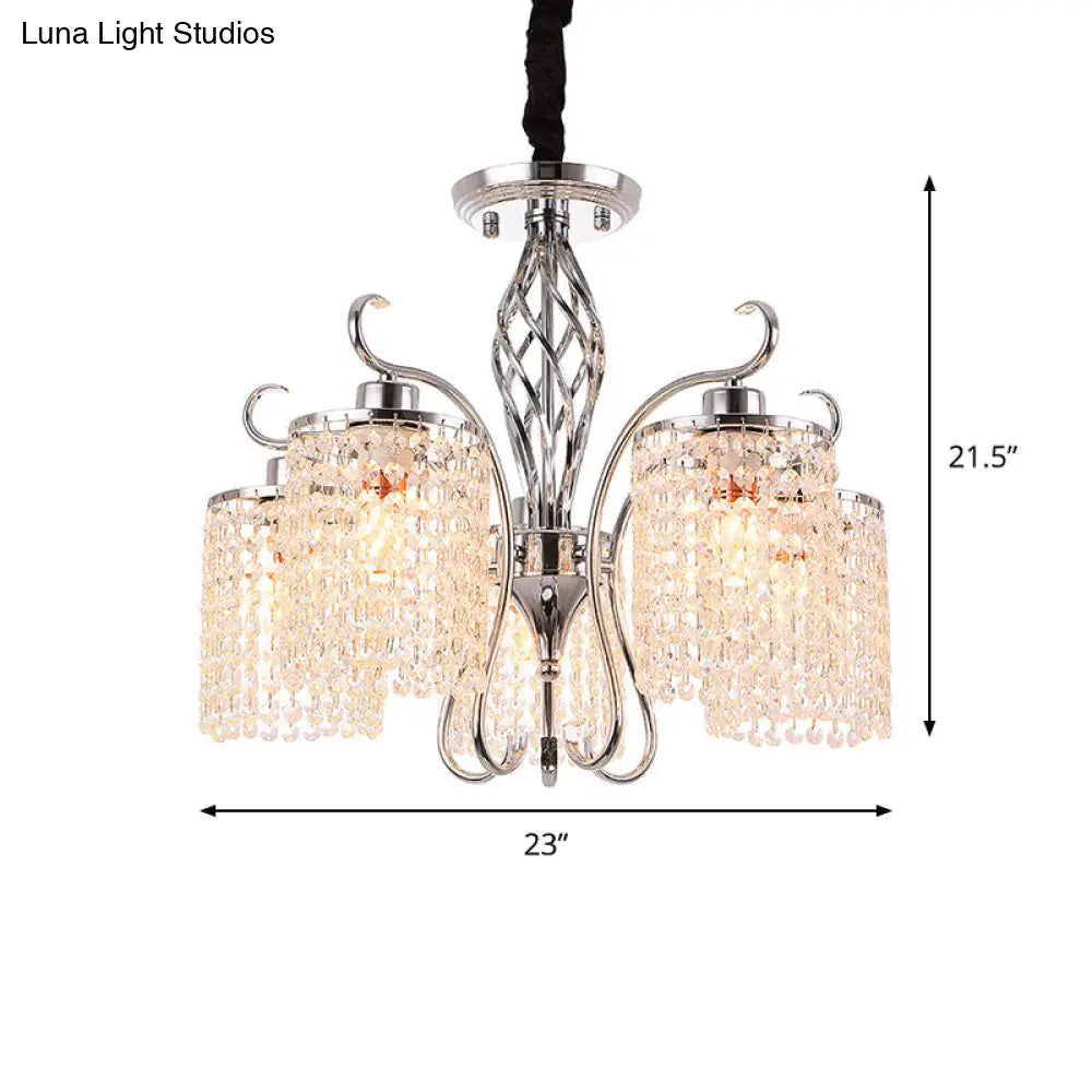 Modern Chrome Cylindrical Chandelier Lamp With Crystal Strand - 3/5-Head Hanging Pendant Light