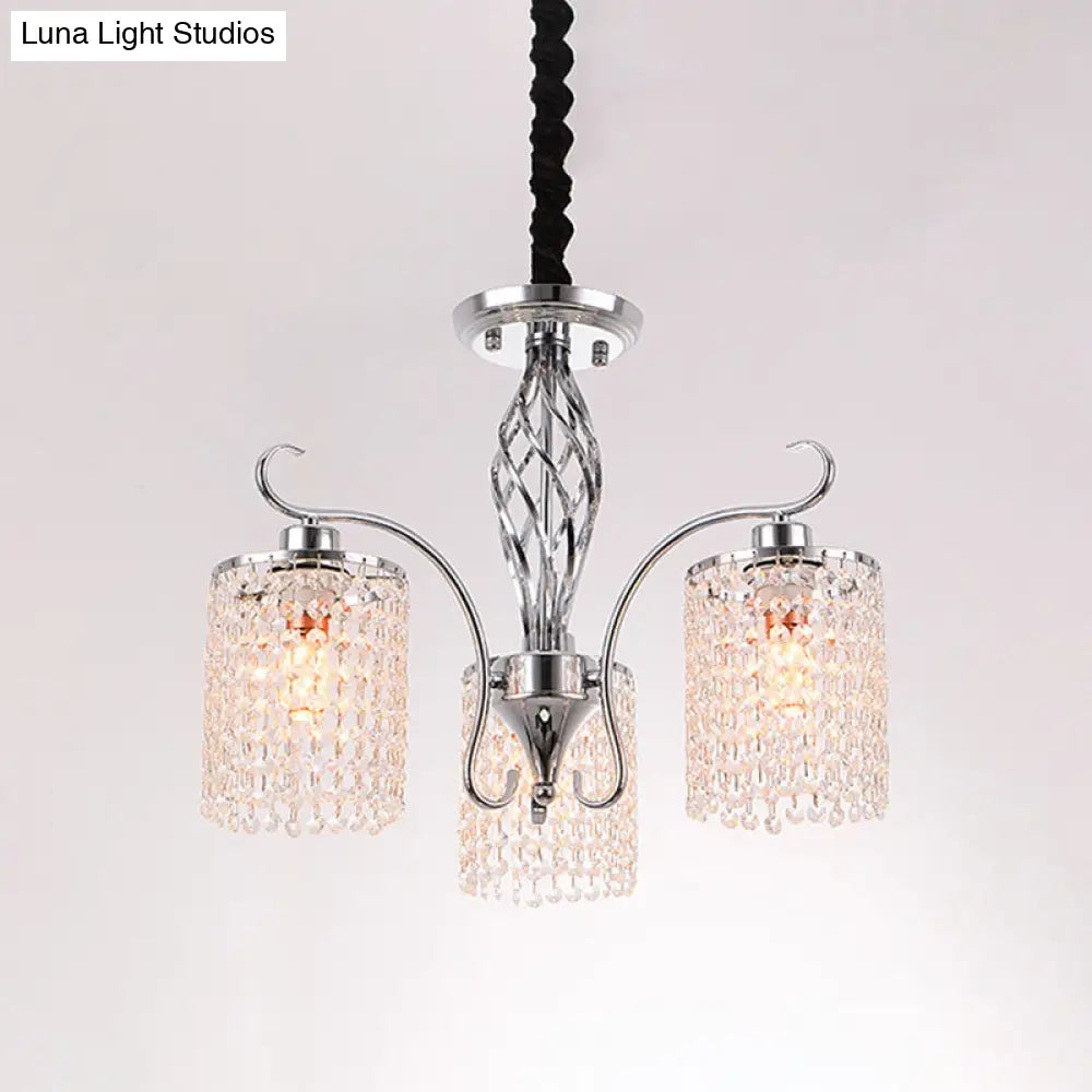 Chrome Crystal Pendant Light With 3/5-Head Modern Cylindrical Chandelier Lamp