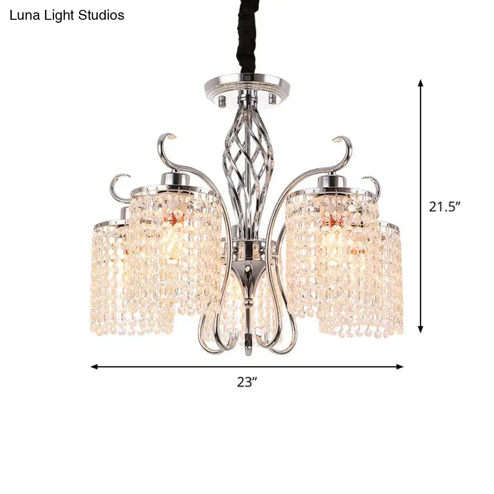 Chrome Crystal Pendant Light With 3/5-Head Modern Cylindrical Chandelier Lamp