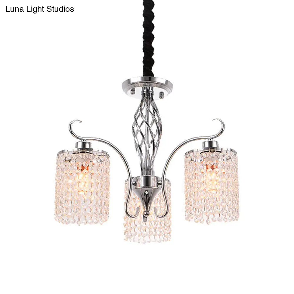 Chrome Crystal Pendant Light With 3/5-Head Modern Cylindrical Chandelier Lamp