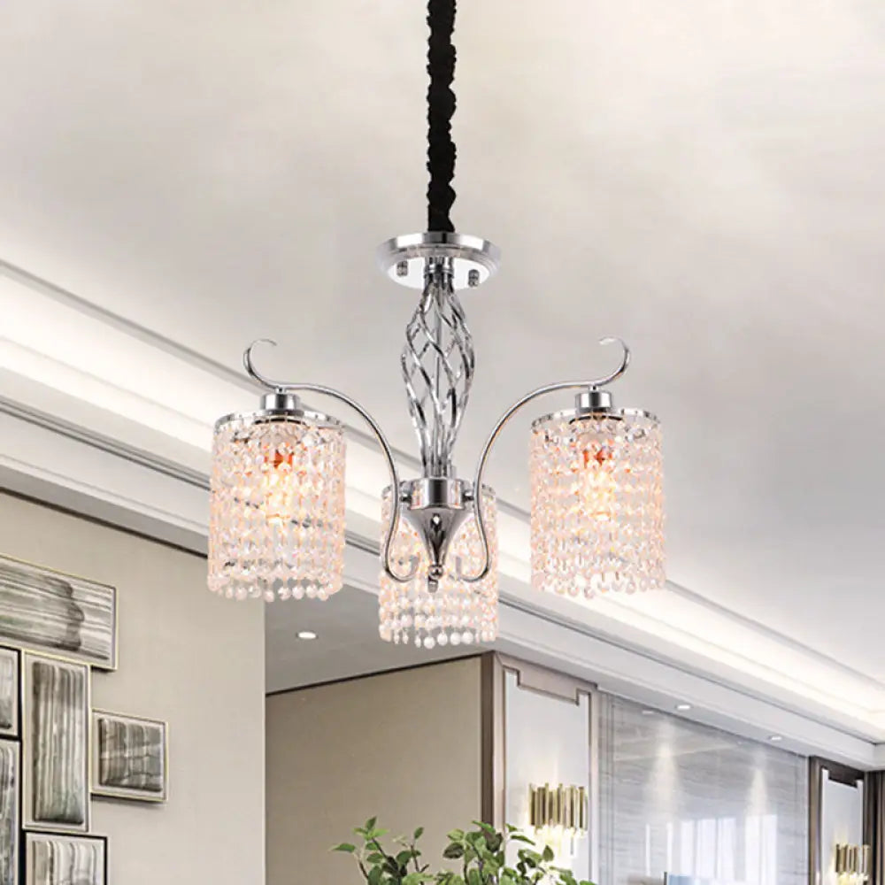 Modern Chrome Cylindrical Chandelier Lamp With Crystal Strand - 3/5-Head Hanging Pendant Light 3 /