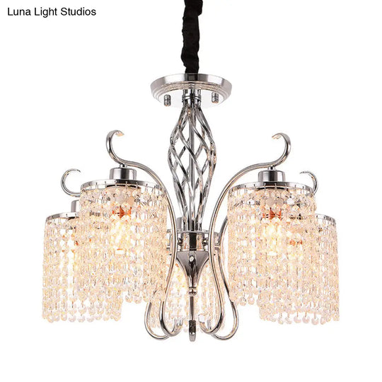 Modern Chrome Cylindrical Chandelier Lamp With Crystal Strand - 3/5-Head Hanging Pendant Light