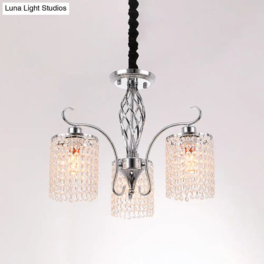 Modern Chrome Cylindrical Chandelier Lamp With Crystal Strand - 3/5-Head Hanging Pendant Light